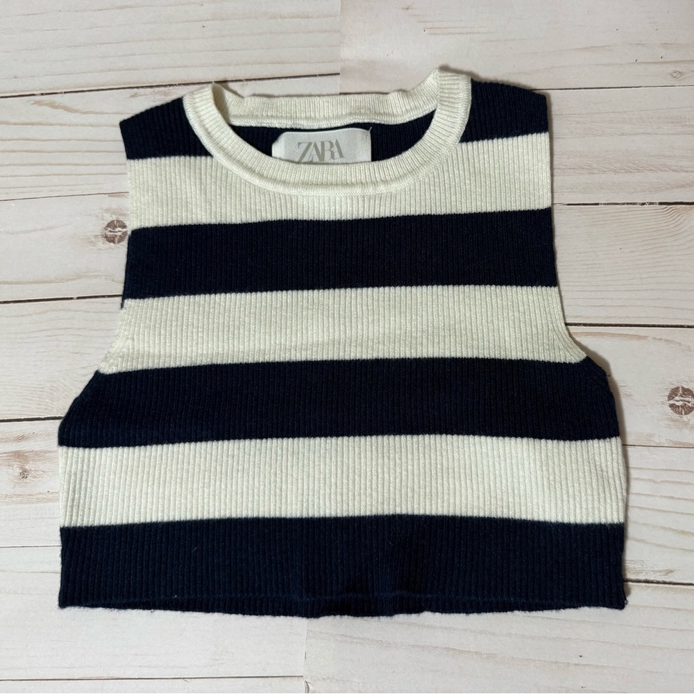 Zara Navy and White Striped Knit Top Girls 6/7
